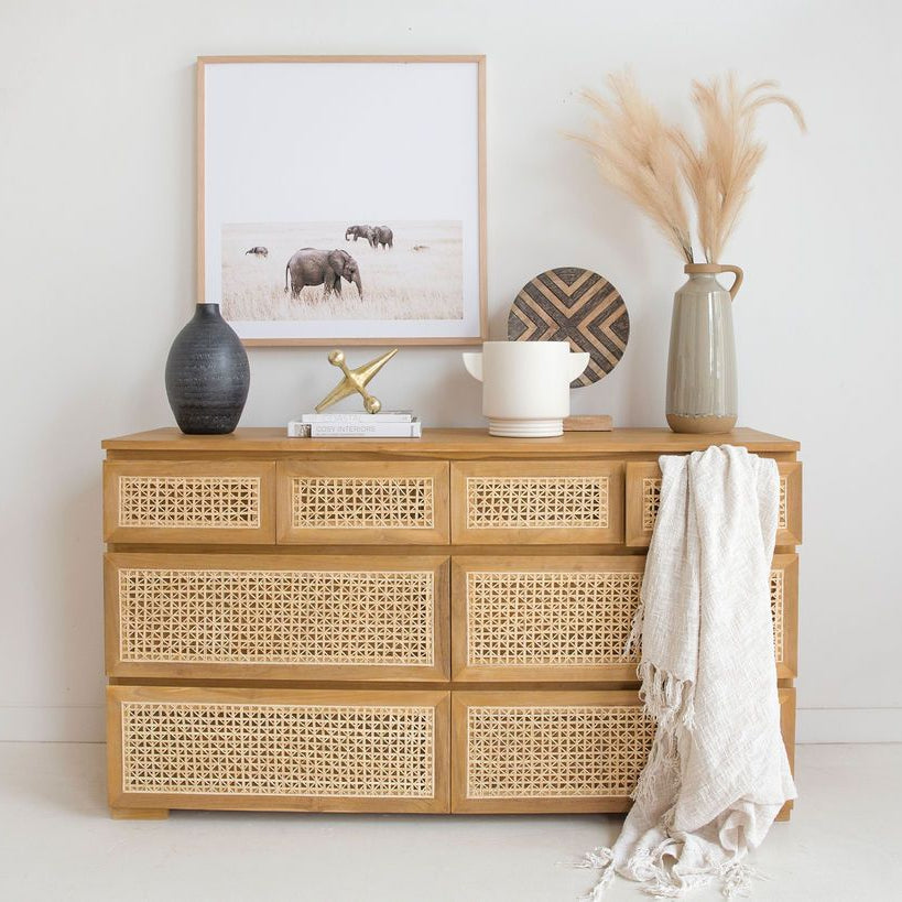 8D Rattan Chest of Drawers crafted from sustainable teak with finely sanded finish – durable and stylish storage for modern bedrooms. Styled beautifully in this modern bedroom.