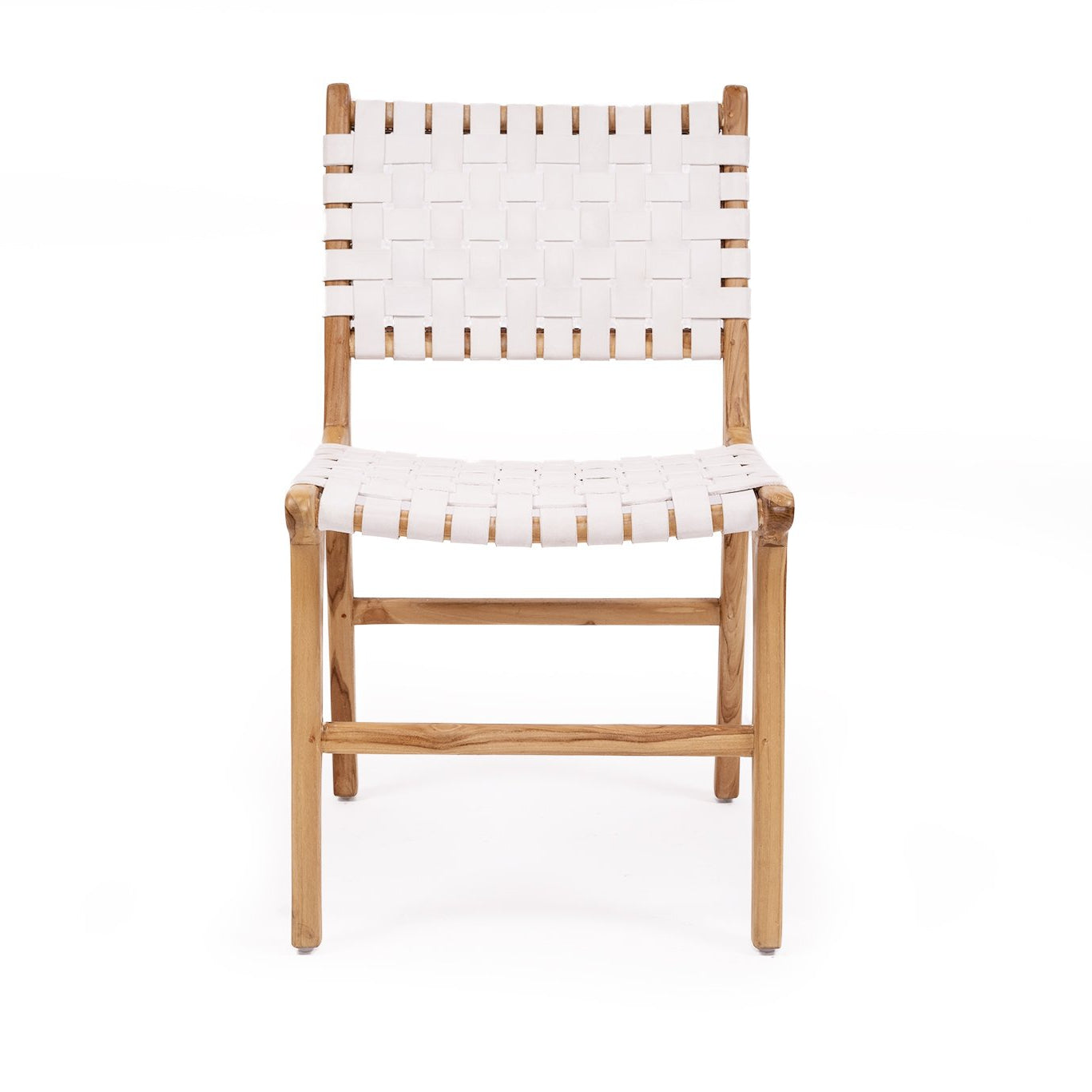 Dining chair with white woven leather straps and sleek modern design, crafted for style and comfort. Front perspective. Magnolia Lane