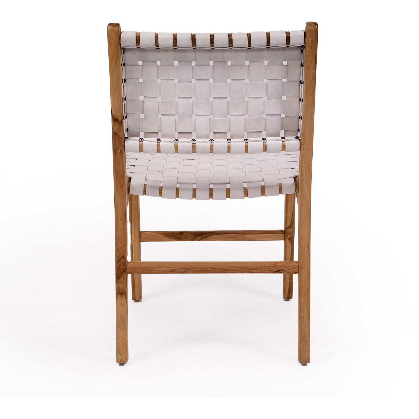 Dining chair with white woven leather straps and sleek modern design, crafted for style and comfort. Back perspective. Magnolia Lane