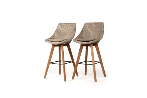 Beach House mushroom outdoor counter stool, two stools shown at an angle with teak frames and mushroom woven seating