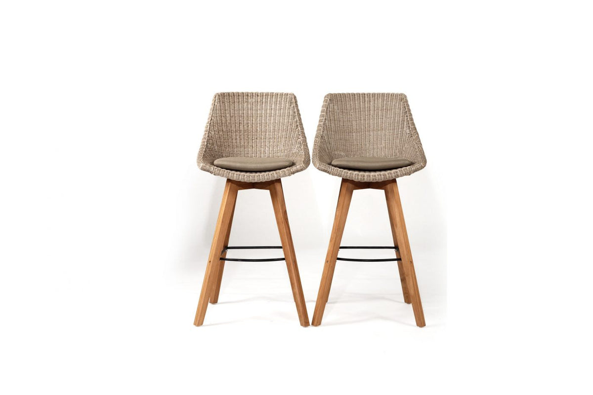 Beach House mushroom outdoor counter stool, two stools shown from the front with mushroom woven seats and metal footrests