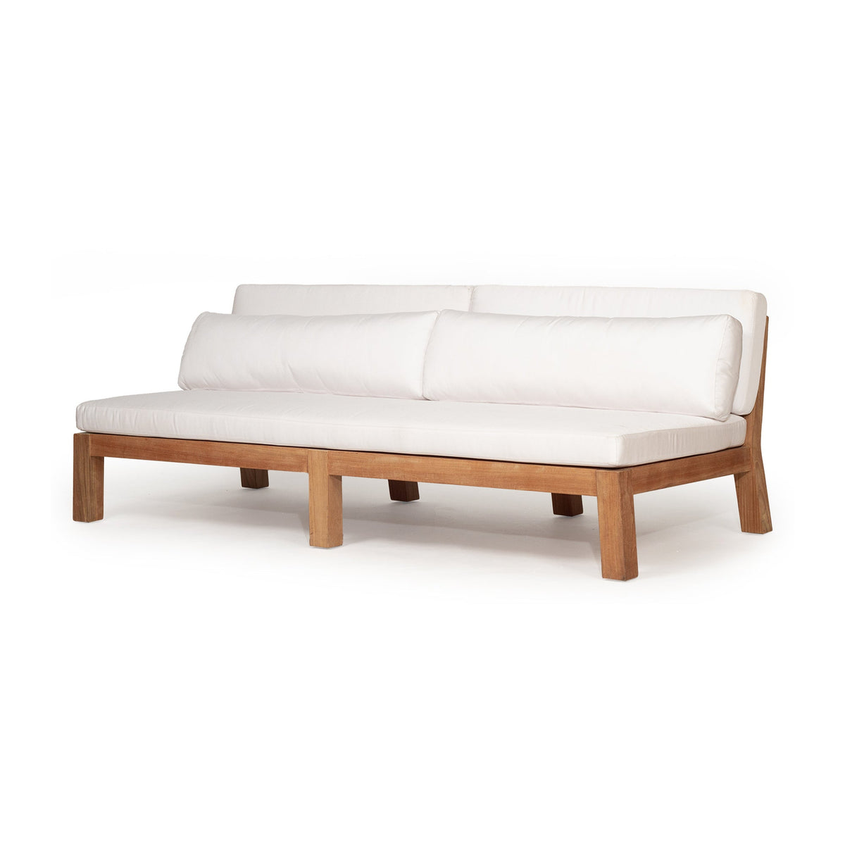 Bedarra teak outdoor three-seater sofa, angled front view showing white Sunbrella cushions and natural teak rails