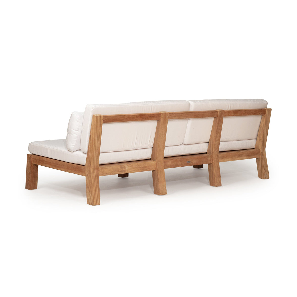 Bedarra teak outdoor three-seater sofa, rear three-quarter view showing the open teak frame and cushions