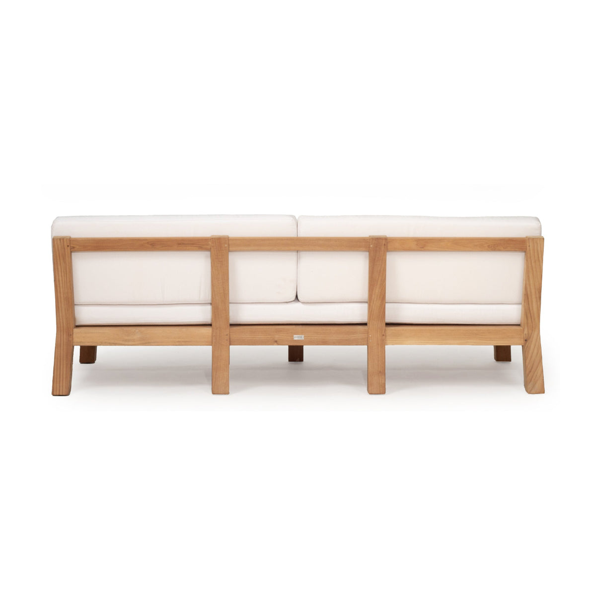 Bedarra teak outdoor three-seater sofa, rear view showing the teak back frame and supporting legs