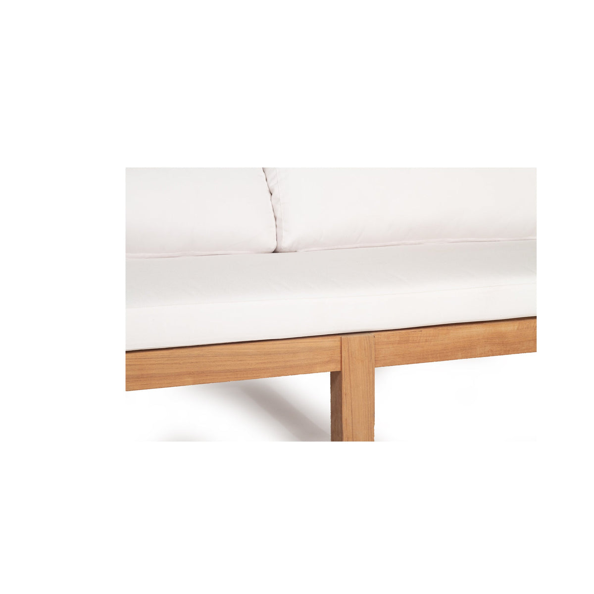Bedarra teak outdoor three-seater sofa, close-up of the white seat cushion, teak front rail and supporting leg