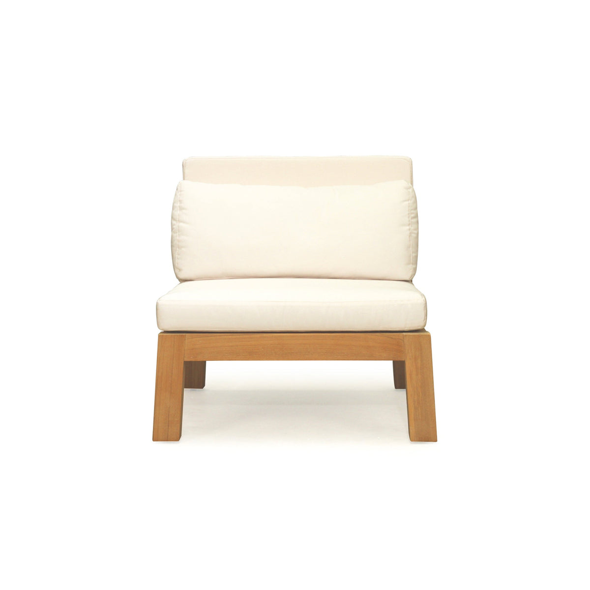Bedarra teak outdoor armless single seater, front view showing the white seat and back cushions with teak legs