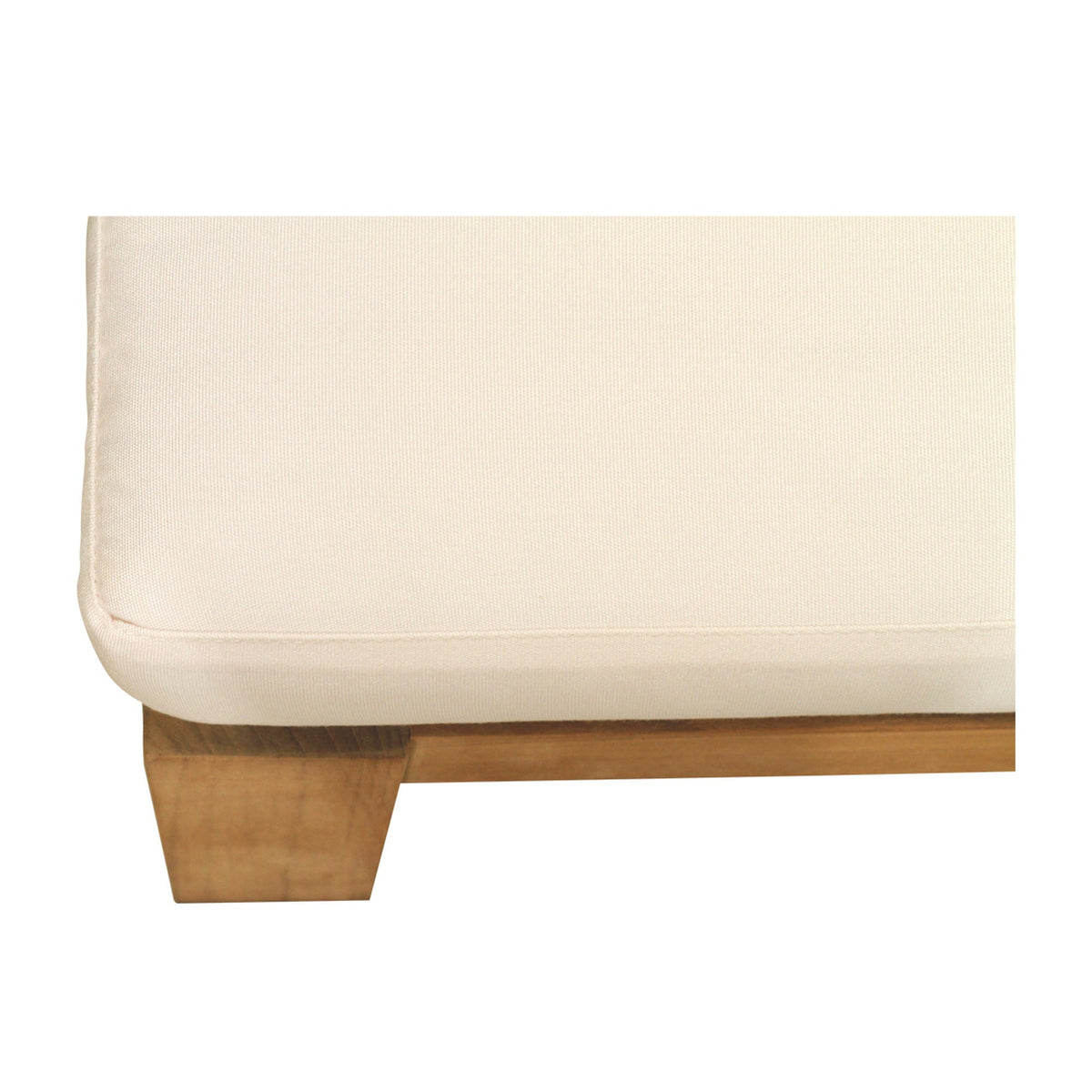 Bedarra teak outdoor armless single seater, close-up of the white seat cushion and teak base