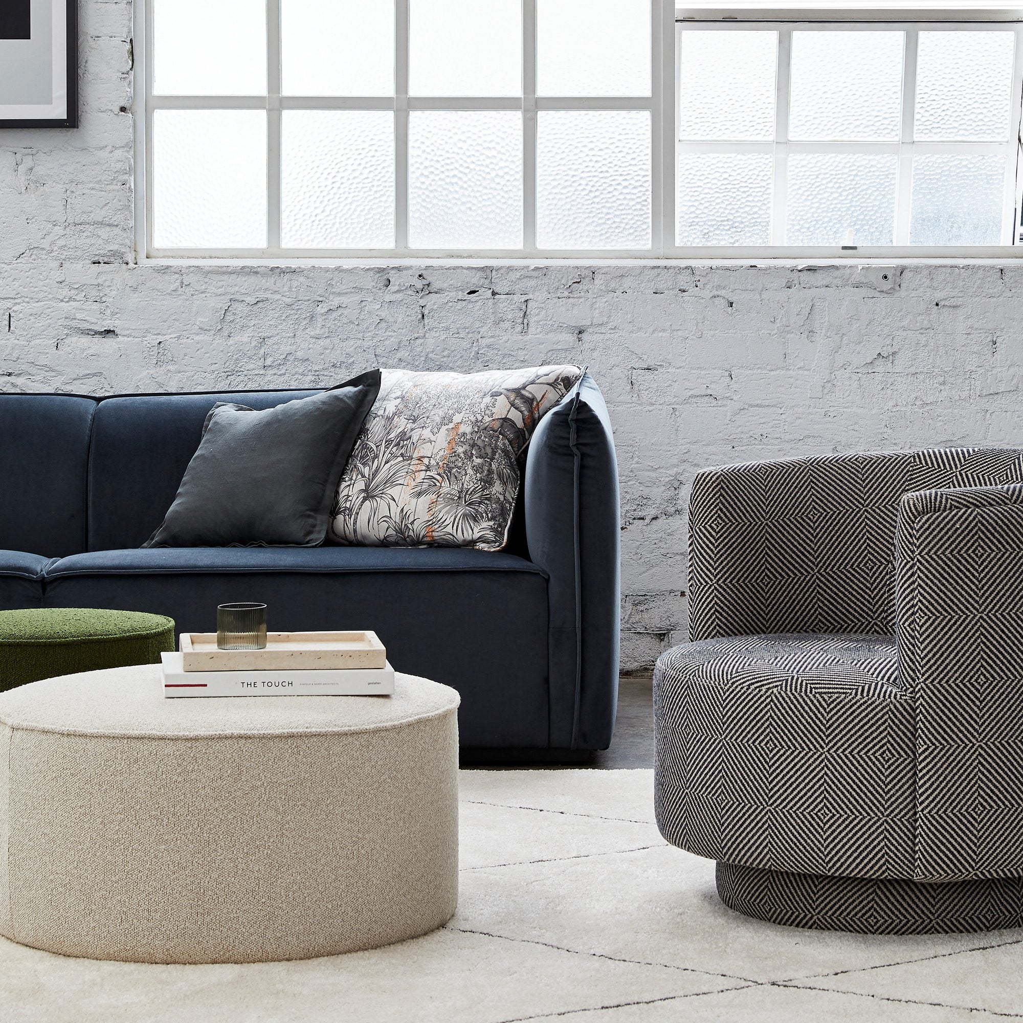 Belamy large round boucle ottoman in oatmeal, Magnolia Lane modern interior Sunshine Coast