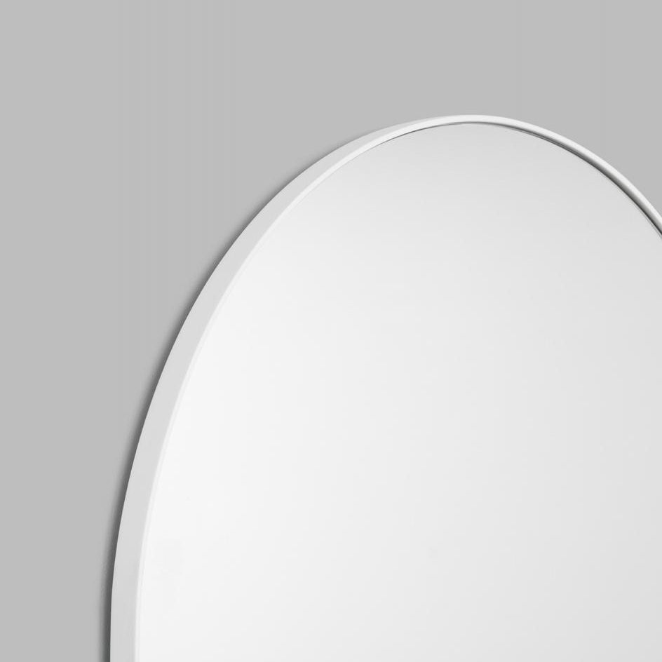 Bjorn Arch Floor Mirror in Bright White – modern arched full-length mirror with brass detail, minimalist design for bedrooms, entryways, or living areas-frame detail-Magnolia Lane