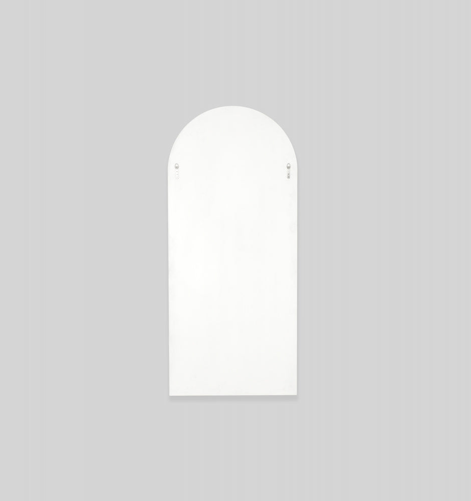 Bjorn Arch Floor Mirror in Bright White – modern arched full-length mirror with brass detail, minimalist design for bedrooms, entryways, or living areas-back view-Magnolia Lane