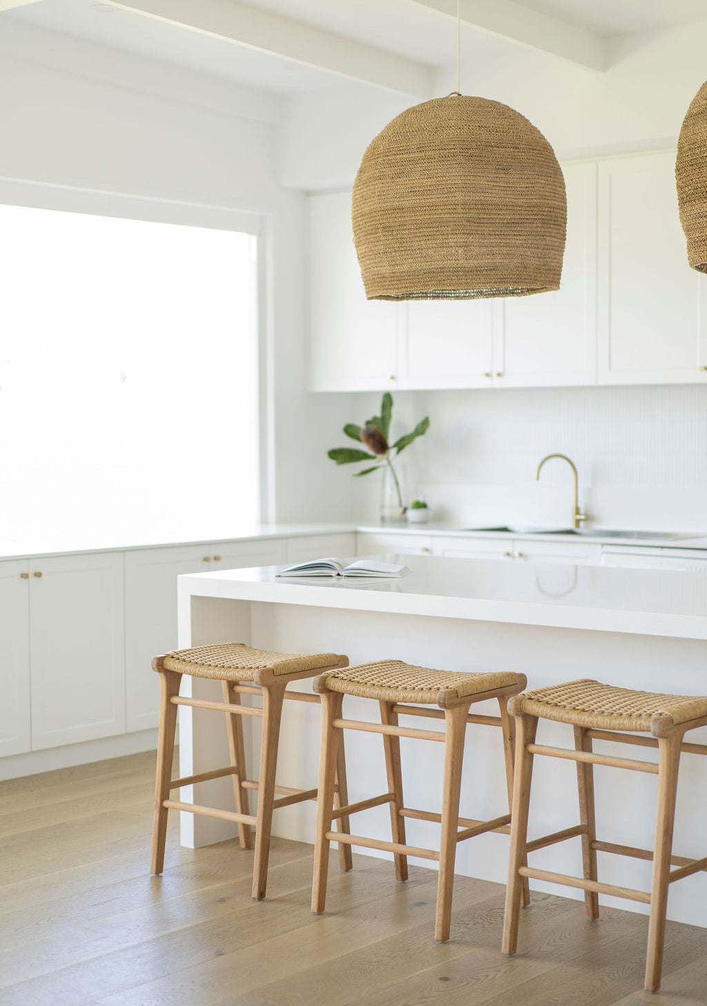 Cable Beach teak counter stools styled in a coastal kitchen setting