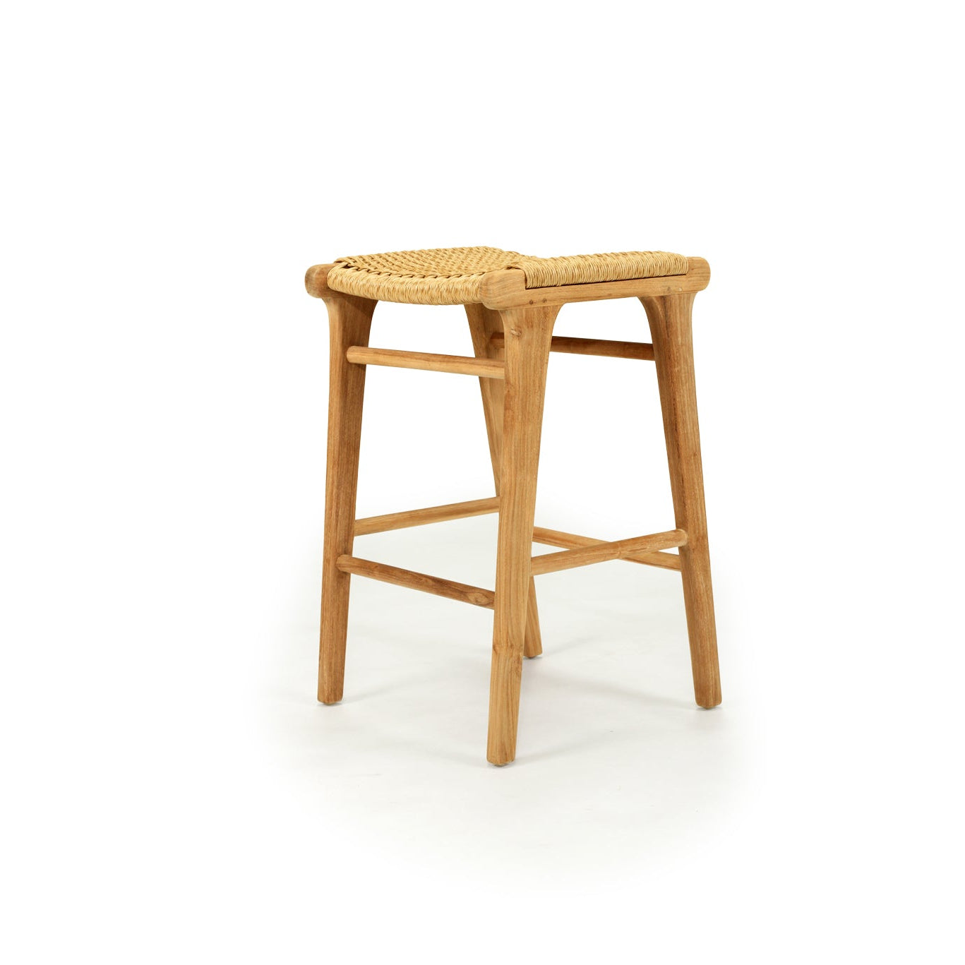 Cable Beach backless outdoor counter stool with teak frame and sand Viro cord seat – angle view