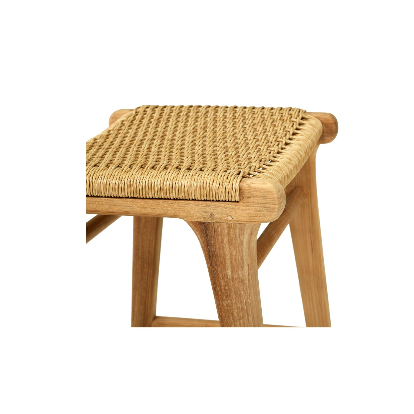 Detail of teak frame and woven Viro cord seat on backless counter stool