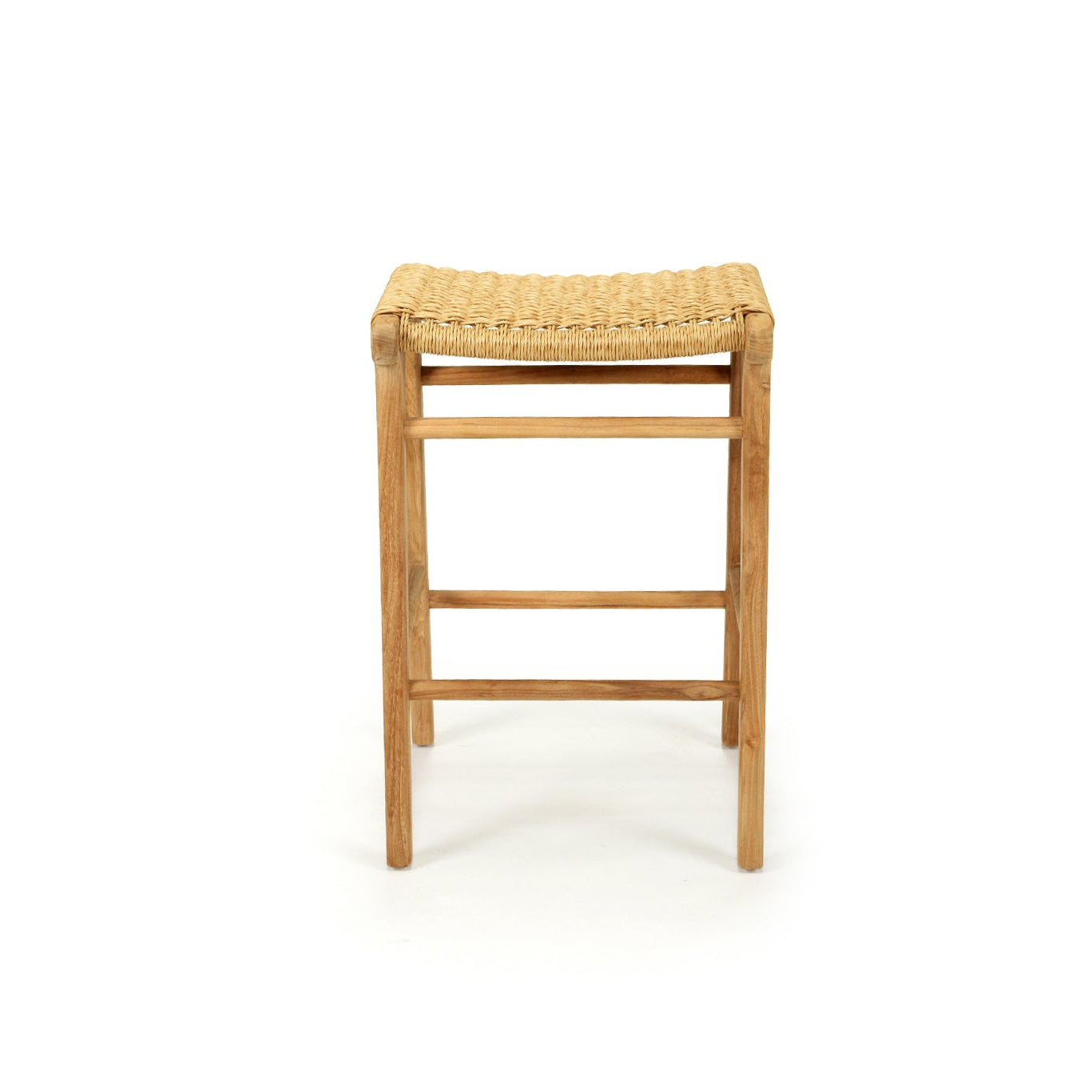 Cable Beach backless outdoor counter stool with teak frame and sand Viro cord seat – front tilt view