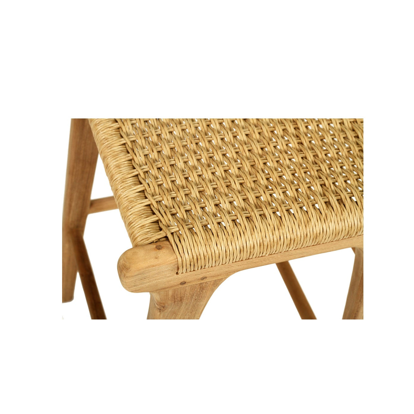 Detail of teak frame and woven Viro cord seat on backless counter stool 1
