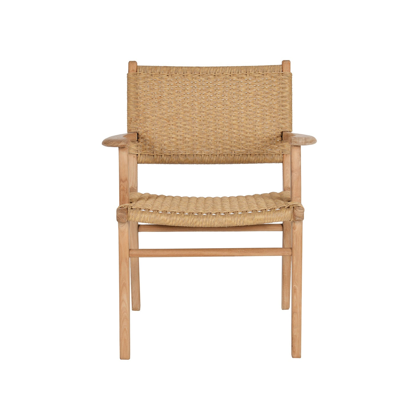 Cable Beach closed weave outdoor dining armchair with teak frame and sand Viro cord seat – front view