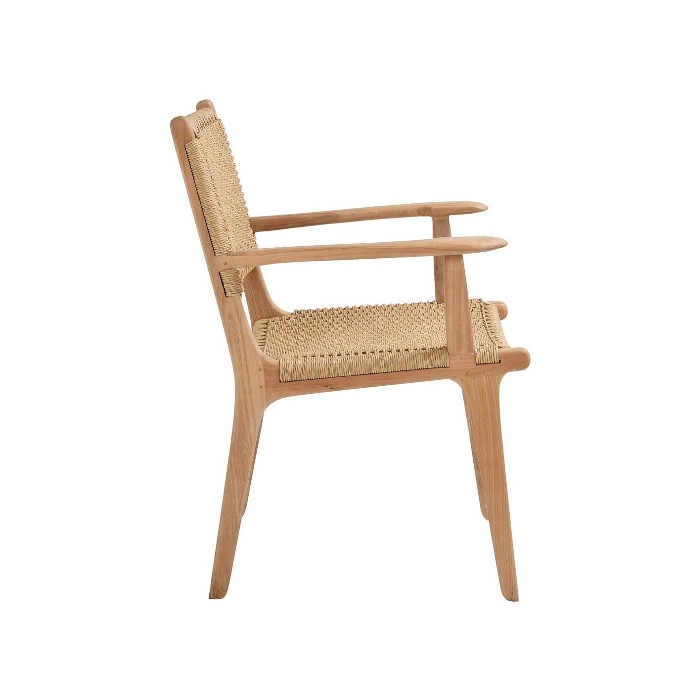 Closed weave teak outdoor dining armchair in sand finish with integrated armrests – side view