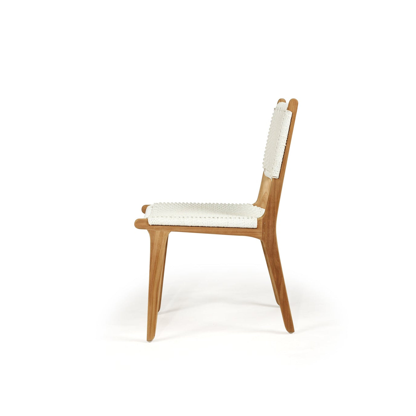 Side profile of Cable Beach close weave outdoor dining chair in natural teak