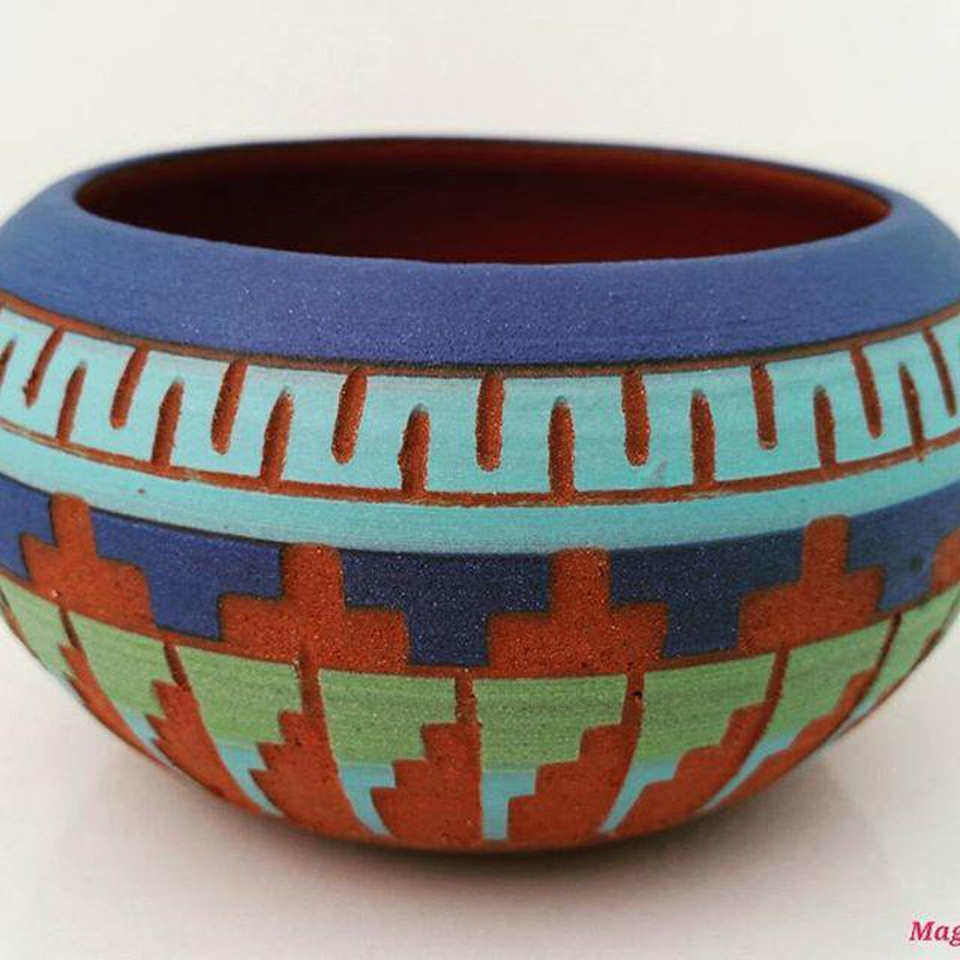 Handcrafted clay pots with desert and turquoise hues, featuring Native American-inspired Aztec and geometric patterns, durable and ideal for modern or eclectic interiors.
