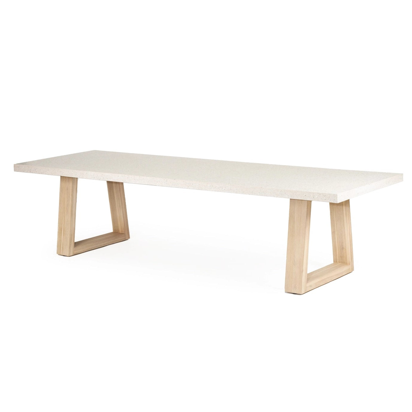 Angled view of eTerrazzo Ivory Coast rectangle dining table with washed timber legs