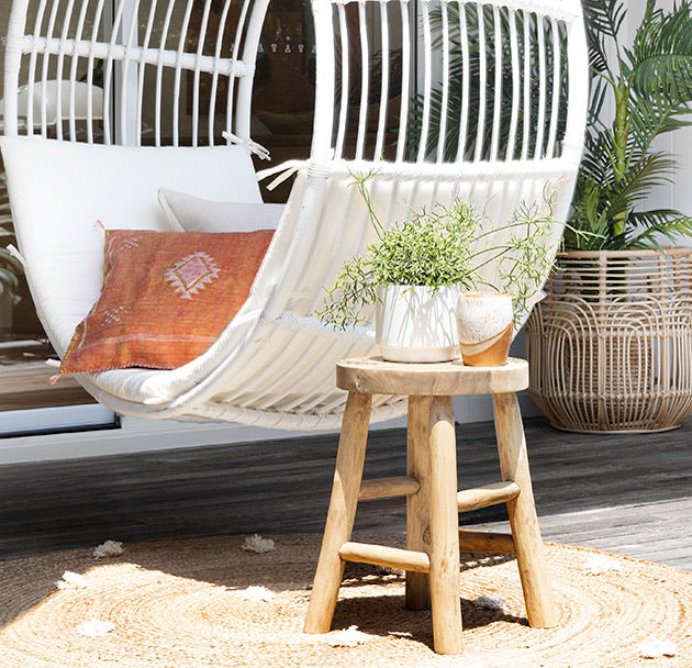Flores Stool, styled lifestyle setting.