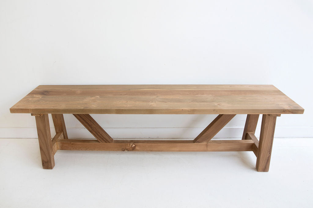 Gather Indoor Bench Seat in Reclaimed Teak, front angle view.