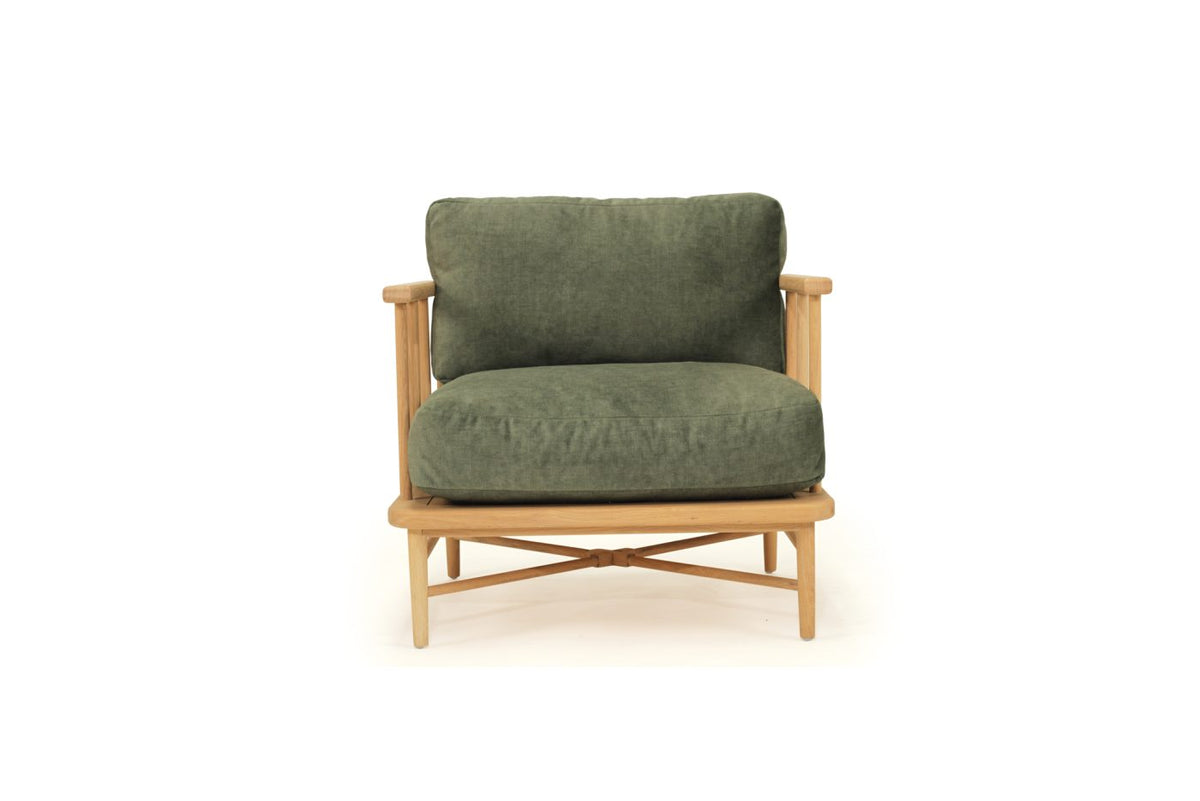 Harbour Island Armchair in Green Velvet, front view.