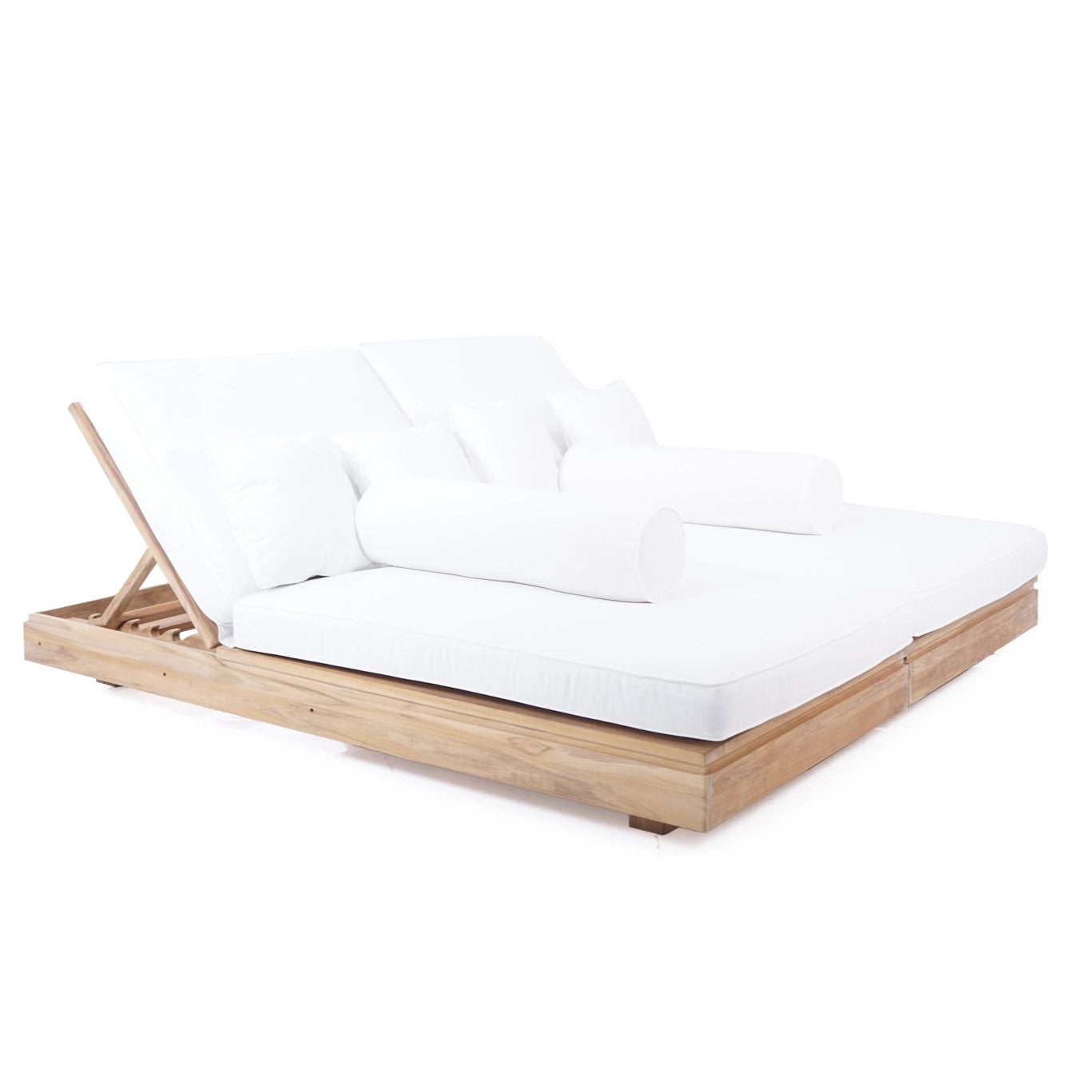 Harbour Island double outdoor sun lounger made from teak with full outdoor cushions, magnolia lane poolside furniture