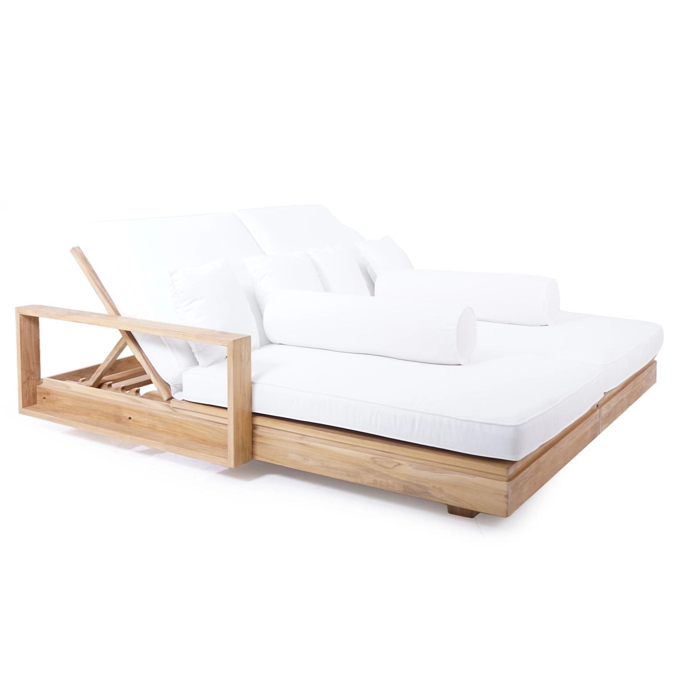 Harbour Island double outdoor sun lounger with arm rests made from teak with full outdoor cushions for comfort-Magnolia Lane poolside furniture