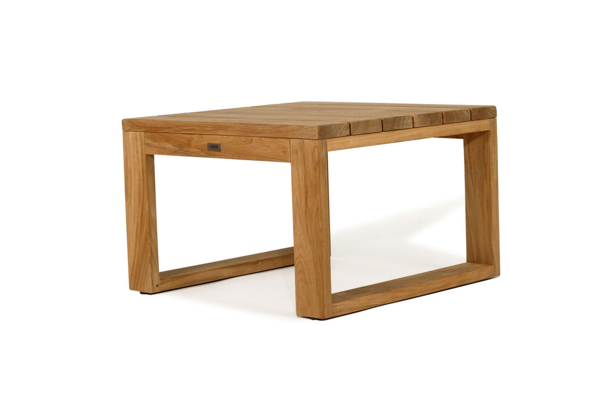 Harbour Island teak outdoor side table, front angle showing the open timber base