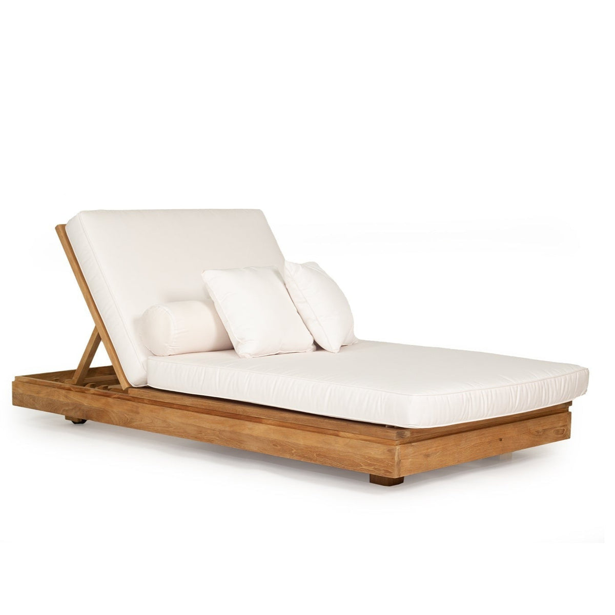 Harbour Island teak outdoor sun lounger with light cushions and raised backrest, front angle