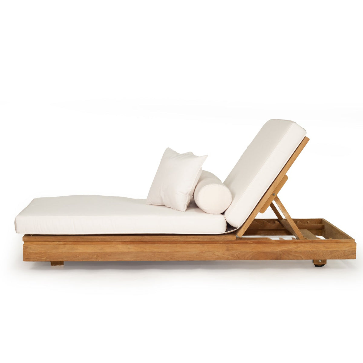 Side profile of the Harbour Island sun lounger showing raised backrest and teak adjustment support