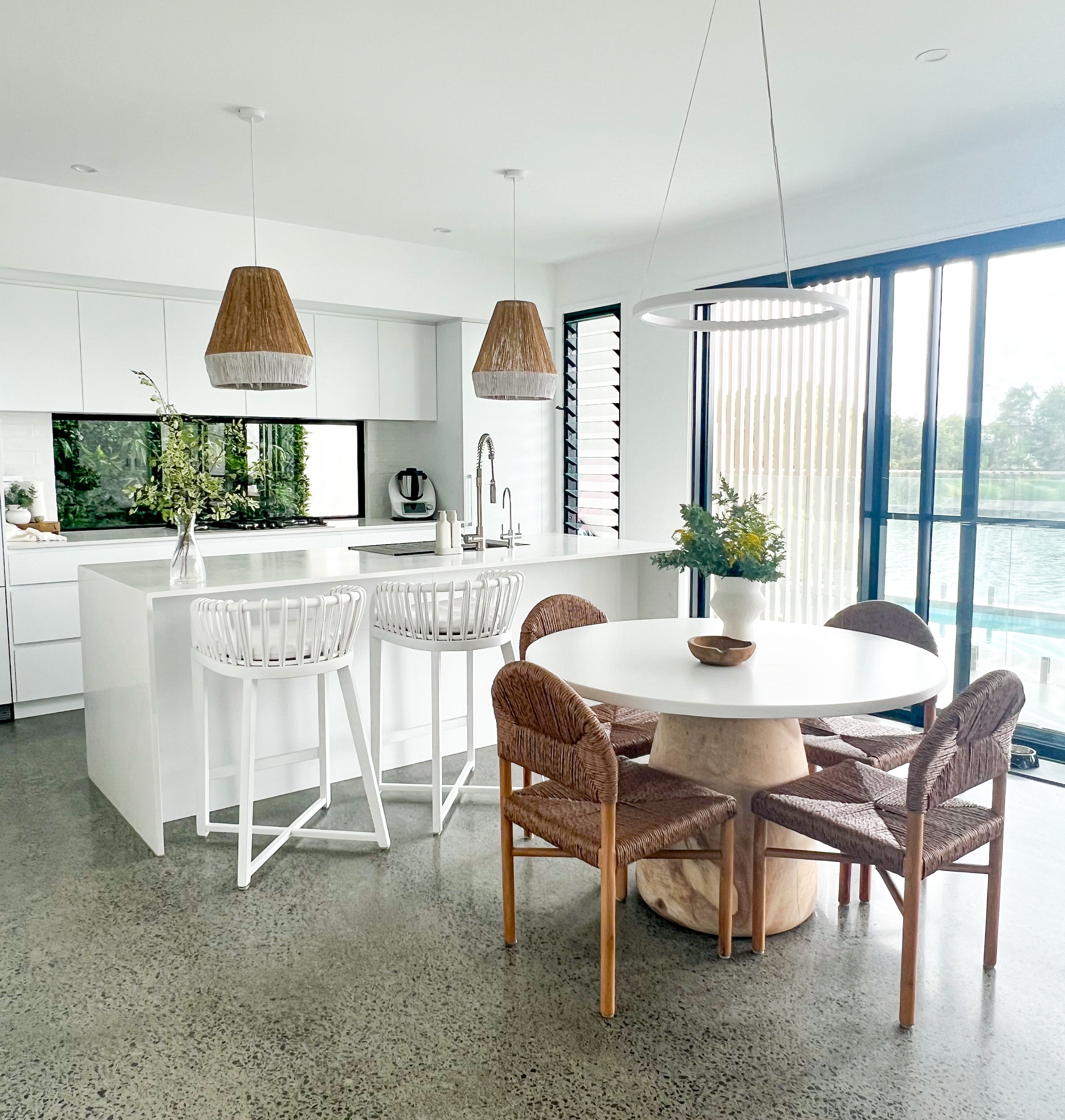 Duo Jute Pendant light shade, hand-crafted from natural jute with white or black brush-painted sections, pendant only. Styled beautifully in this coastal home.