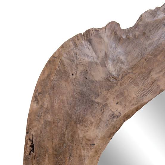 Karoo Mirror by Uniqwa Collections, handcrafted from rare antique Indonesian teak ploughs, showcasing unique shapes and rich cultural heritage. Timber detail.