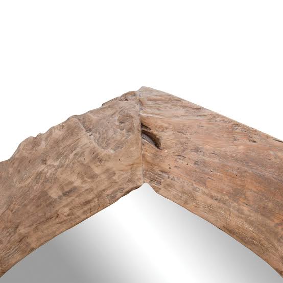 Karoo Mirror by Uniqwa Collections, handcrafted from rare antique Indonesian teak ploughs, showcasing unique shapes and rich cultural heritage. Frame detail.