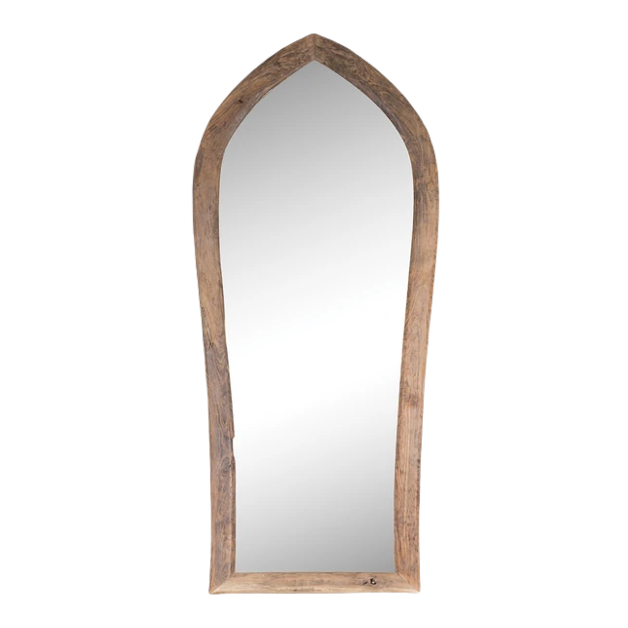 Karoo Mirror by Uniqwa Collections, handcrafted from rare antique Indonesian teak ploughs, showcasing unique shapes and rich cultural heritage. Front perspective.