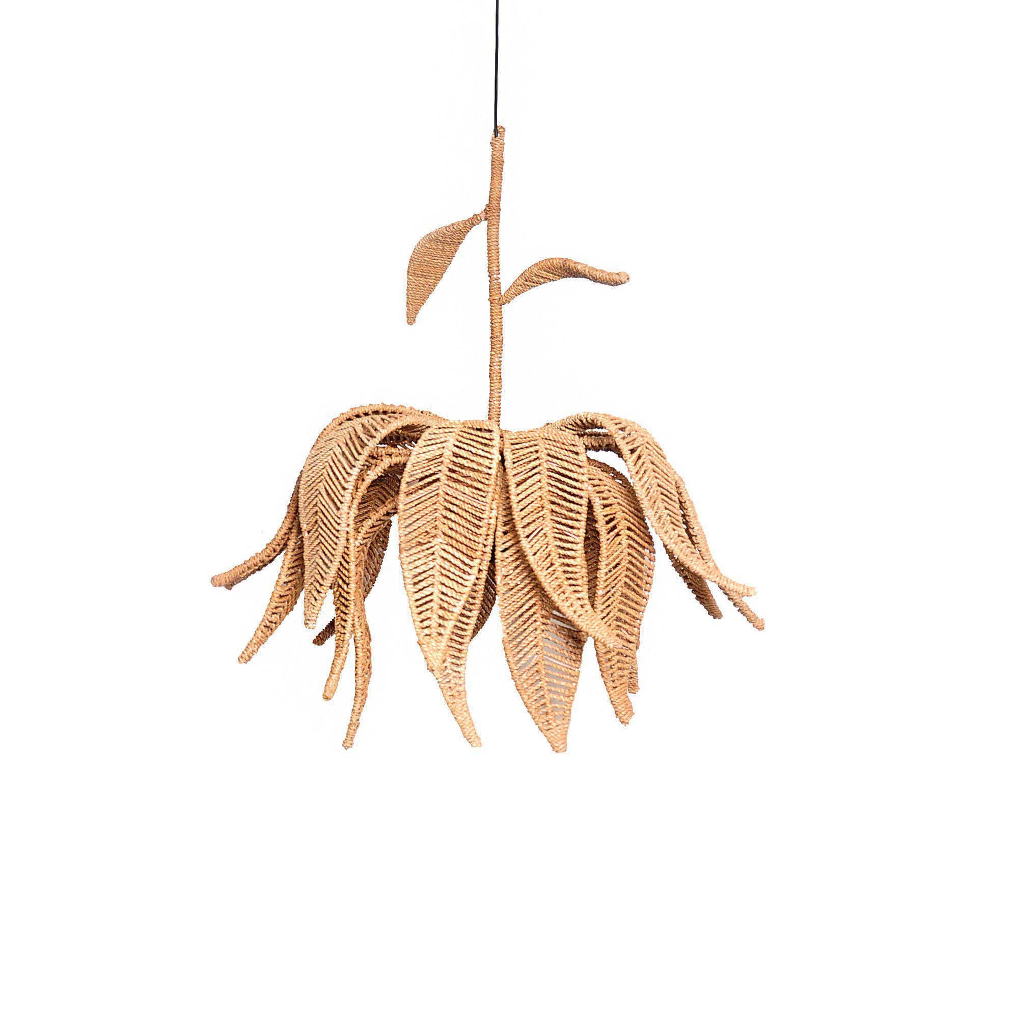 Lotus Chandelier handwoven with seagrass rope over a wrought iron frame, featuring a unique lotus design for a bohemian statement piece. Magnolia Lane