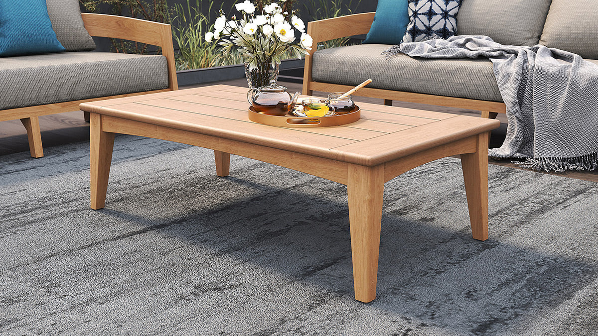 Noosa Outdoor Coffee Table in Rectangular, styled lifestyle setting.