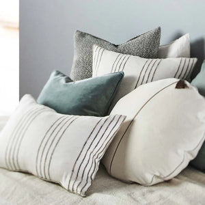 Rock Pool lumbar cushion in white with a natural stripe by Eadie Lifestyle, Magnolia Lane textiles
