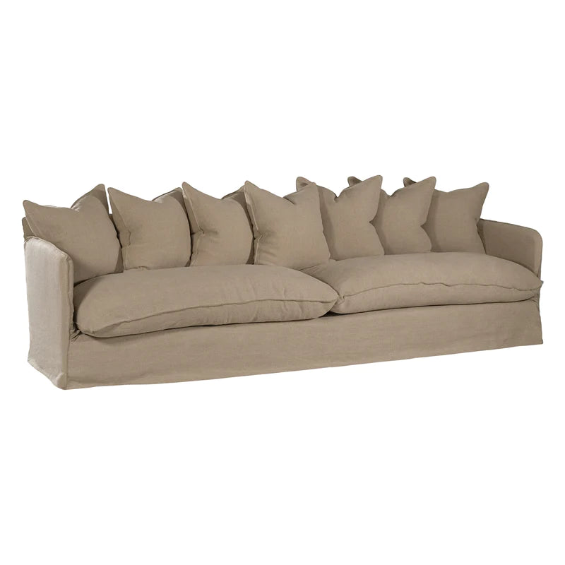 Singita Four Seater Sofa by Uniqwa with hardwood frame, feather-filled cushions and removable slipcovers in luxury linen in oatmeal.