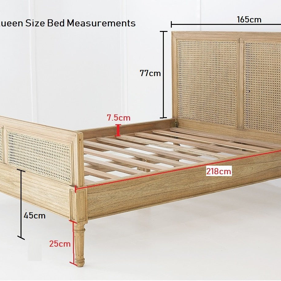 Whitsunday Cane Bed high end design in weathered oak crafted from solid white cedar timber and natural rattan-queen size dimensions