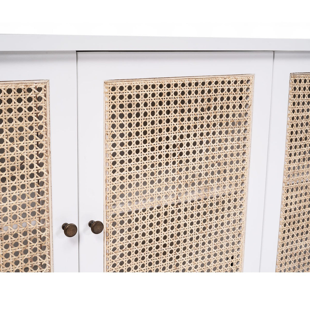 Whitsunday white four-door sideboard with rattan inserts, close-up of a woven rattan door panel and knobs