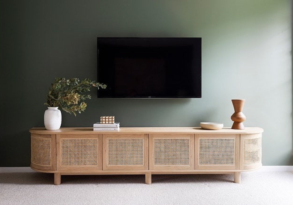 Beach Curved End Entertainment Unit styled in a modern Australian living room, demonstrating ideal proportions between a television and entertainment unit.