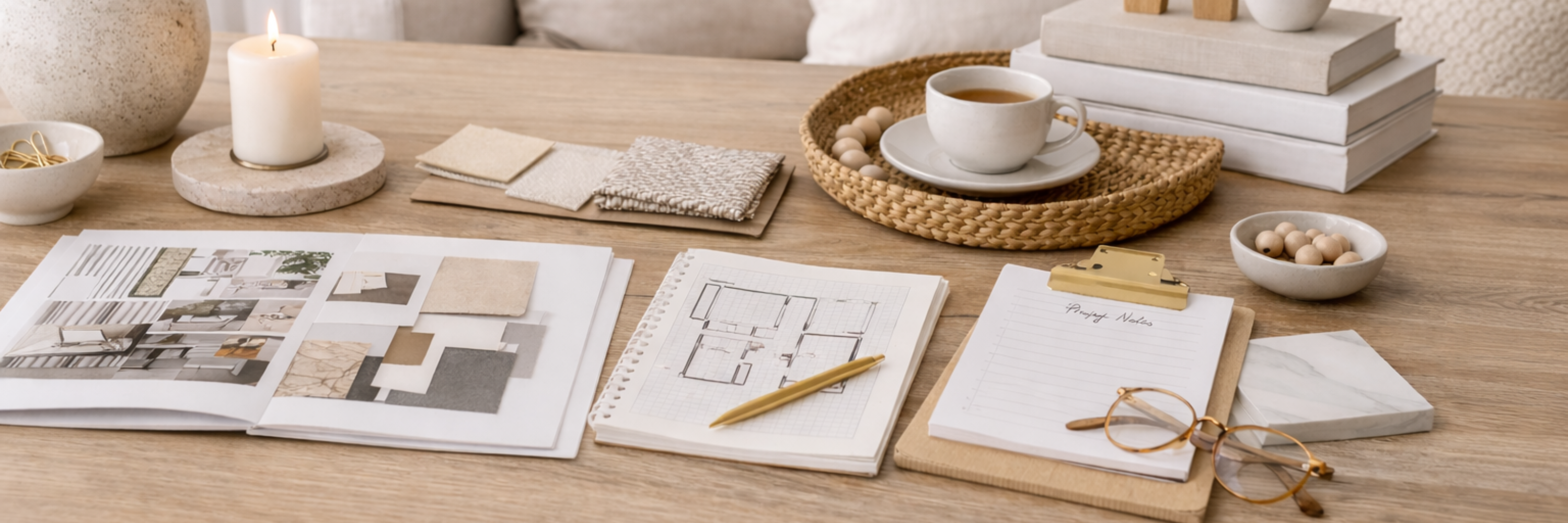 Neutral home styling workspace with mood board, floor plan, fabric samples and coffee on a light timber table in a soft modern coastal interior