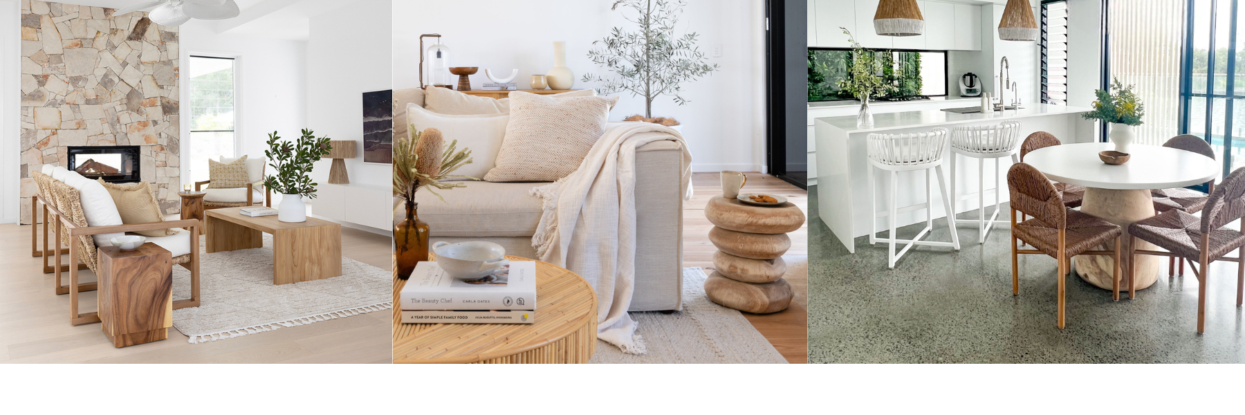 Coastal living room styled with natural timber furniture, soft neutral tones and relaxed coastal decor
