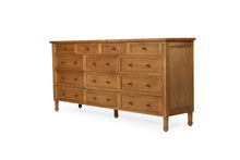 Load image into Gallery viewer, Whitsunday 13 Drawer Dresser in weathered oak, solid white cedar timber bedroom furniture with coastal style. Front angle perspective.