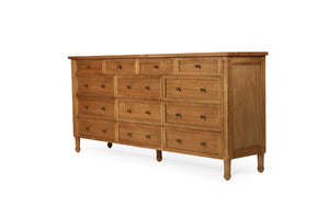 Whitsunday 13 Drawer Dresser in weathered oak, solid white cedar timber bedroom furniture with coastal style. Front angle perspective.