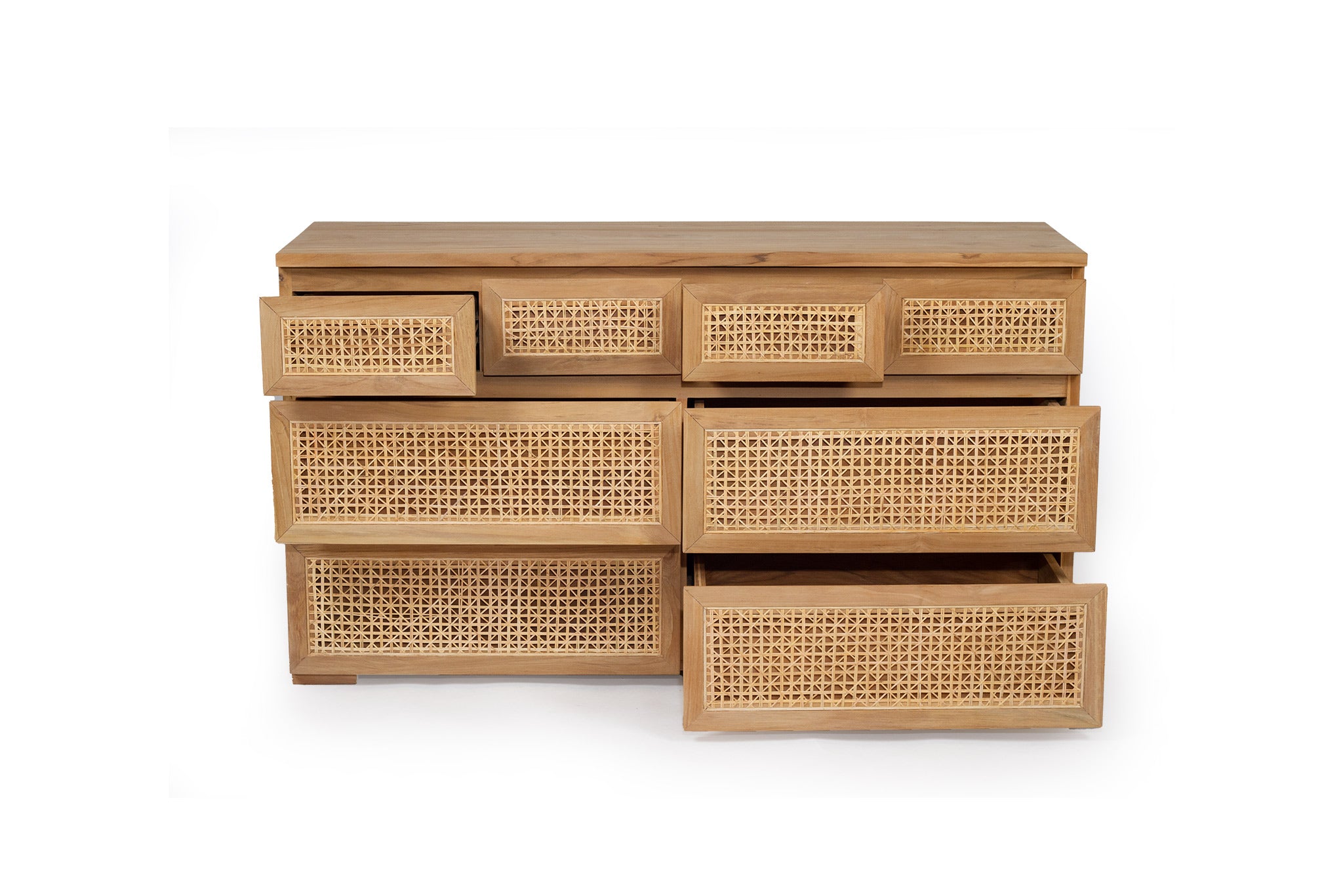 8D Rattan Chest of Drawers crafted from sustainable teak with finely sanded finish – durable and stylish storage for modern bedrooms.  Front perspective