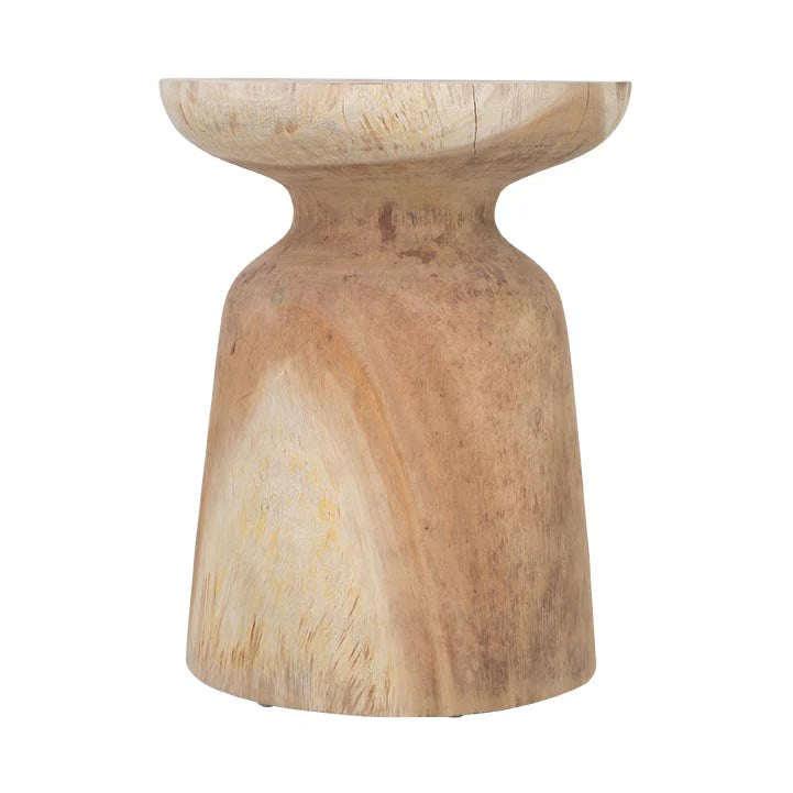 Akoni Side Table – hand-carved munggur wood side table with smooth sanded finish, unique natural design crafted using traditional techniques.  Styled beautifully in this bedroom. Small.