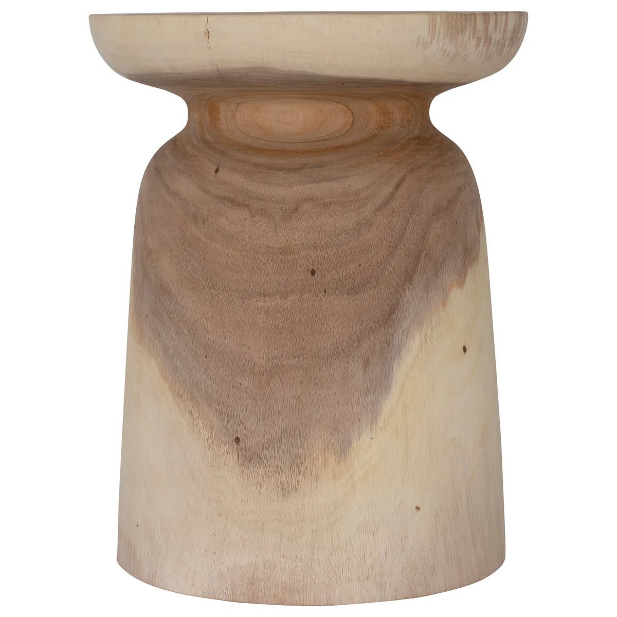 Akoni Side Table – hand-carved munggur wood side table with smooth sanded finish, unique natural design crafted using traditional techniques.  Styled beautifully in this bedroom. Close up.